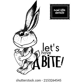 Hare with a carrot. Children's drawing .Coloring book, graphics, illustration