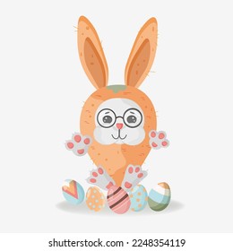 
a hare in a carrot costume, Easter eggs, a cute rabbit in glasses,