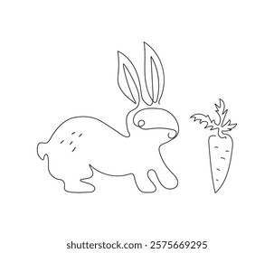  Hare with carrot. Easter bunny drawing, line art. One line drawing. Cute silhouette of a rabbit. Festive spring greeting card design. Isolated on background.