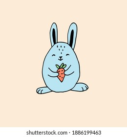 A hare with a carrot in its paws. Colorful vector hand-drawn doodle illustration.