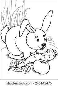 Hare with carrot. hare sits on a lawn and eats carrot and apple, near lie the leaves, around the hare grass. coloring Page