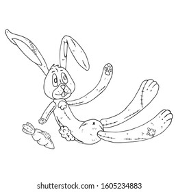 Hare with carrot toy icon. Vector illustration of a toy fabric hare with a soft carrot. Hand drawn soft toy bunny with a carrot.