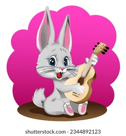 Hare in cartoon style. Cheerful rabbit. A beautiful drawing of the Hare for children. The hare plays the guitar. Vector illustration.
