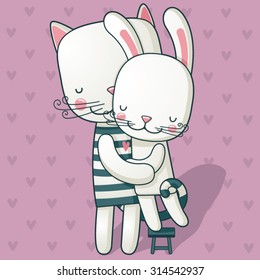 Hare and cat congratulate each other on Valentine's Day.