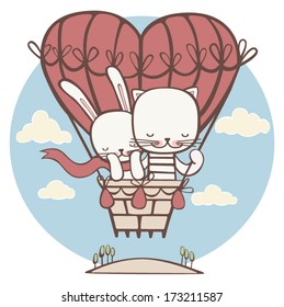 Hare and cat are flying on the big balloon  in the shape of heart.