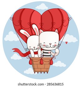 Hare and cat are flying on the big balloon in the shape of heart. 