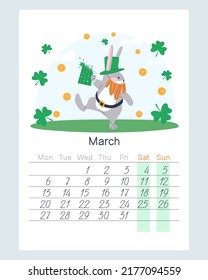 The hare celebrates St. Patrick's Day. Rabbit in a hat, belt and mug of green drink. Coins and clover against the sky. Calendar for the month March 2023. Flat vector illustration. Eps10