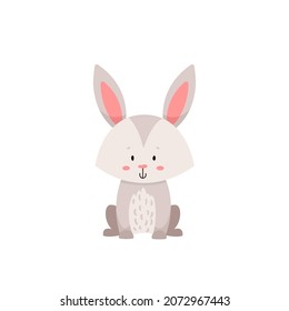 Hare character sitting and smiling. Cute and adorable wildlife animal design for children baby shower party. Scandinavian style Vector illustration in cartoon design.
