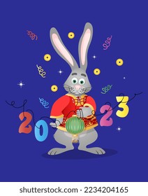 Hare with Chinese green lantern and numbers of the year. Vector illustration