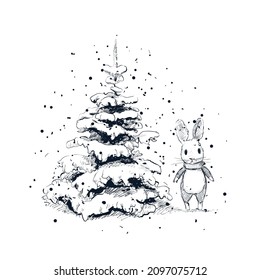 Hare and christmas tree. Sketch vector illustration