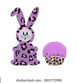 Hare and cupcake in leopard abstract spots. Vector illustration