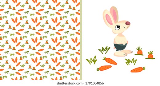 Hare cute animal for kids with pattern. Rabbit and background on a white background.
