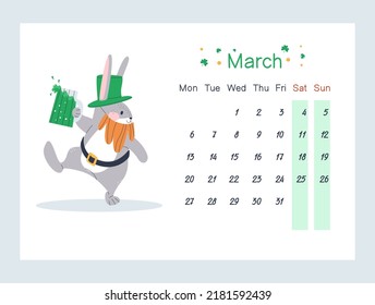 A hare dances in a hat and a foamy drink in its paw. Rabbit celebrating St. Patrick's Day. March 2023 calendar. Week starts on Monday, Saturday and Sunday are greyed out. Flat vector illustration