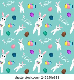 Hare with decorated eggs in his paws, Easter eggs. Happy Easter inscription. Vector seamless colored pattern