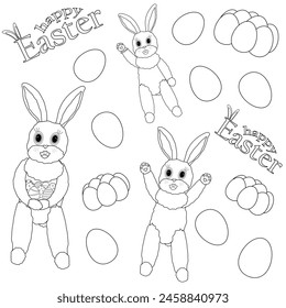 Hare with decorated eggs in his paws, Easter eggs. Happy Easter inscription. Cute Easter Coloring Pages for Kids. Vector contour drawing