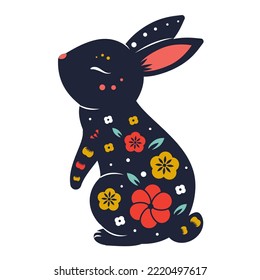 Hare decorated with flowers. Beautiful rabbit bunny in folk style. vector animal Symbol for chinese new year lunar zodiac, Easter, Moon festival celebrations