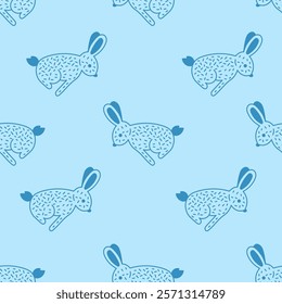 Hare Doodle Seamless Pattern. Hand drawn blue bunny background with falling woodland animals. Wildlife or domestic rabbit repeat vector illustration