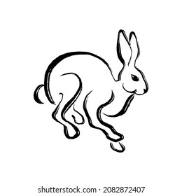 Hare drawing in the technique of one ink stroke. Brush and paint texture. High quality illustration