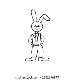 La liebre, vestida con un traje de negocios, mantiene sus patas en los bolsillos y sonrisas. Ilustración vectorial de un conejo lindo dibujado al estilo de los garabatos.