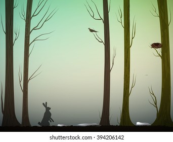 hare in early spring forest and bird on the branch, march in the forest, nature scene, vector