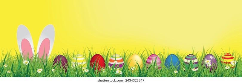 Hare ears with easter eggs in the grass on the yellow background. Eps 10 vector file.