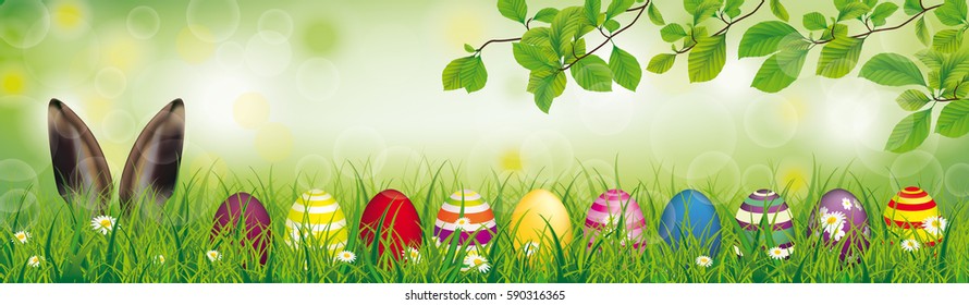 Hare ears with easter eggs in the grass on the bokeh background. Eps 10 vector file.