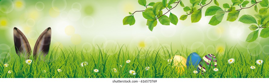 Hare ears with easter eggs in the grass on the bokeh background. Eps 10 vector file.