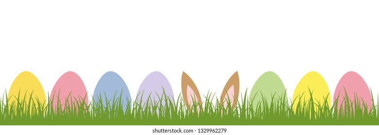 hare ears in the meadow between colorful Easter eggs vector illustration EPS10