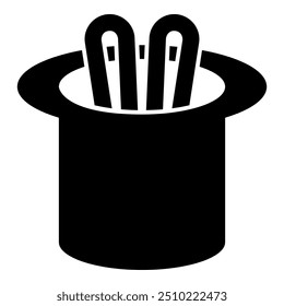 Orejas de liebre en el hechicero del sombrero del mago conjurar el conejo del cilindro que aparece el icono del concepto del truco color negro Ilustración vectorial Imagen estilo plano