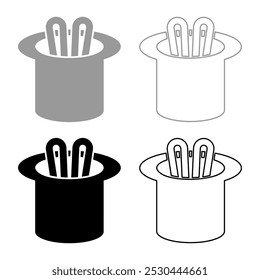 Hare ears in wizard's hat wizard conjure cylinder bunny rabbit appearing trick concept set icon grey black color vector illustration image solid fill outline contour line thin flat style