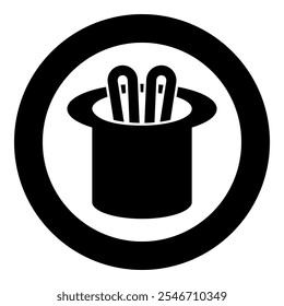 Hare ears in wizard's hat wizard conjure cylinder bunny rabbit appearing trick concept icon in circle round black color vector illustration image solid outline style