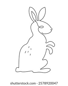  Hare, easter bunny drawing, line art. Drawing one line. Cute silhouette of a rabbit. Holiday spring greeting card design. Isolated background.