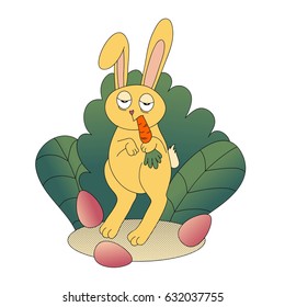 Hare eating carrot in bushes. Cartoon vector illustration.