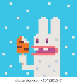 Hare eats carrot ice cream pixel art isolated vector illustration. Game assets 8-bit sprite. Design for stickers, web, mobile app.