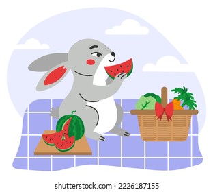 The hare eats a watermelon on a picnic. Flat vector illustration.