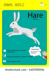 Hare. Educational cards for children. Habitat, food, family. Home education. Information about the animal.