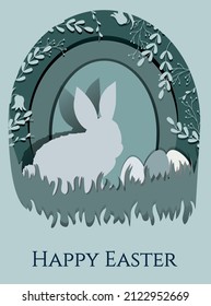 Liebre con huevos en el estilo de corte de papel. Ilustración de material vectorial. Pascua. Tradición. Fiesta católica. Fe y religión. Tonos verdes y fondo.
