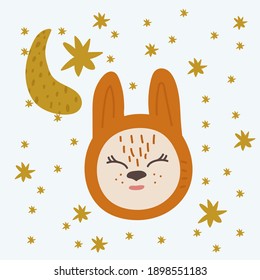 Hare Fashion baby greeting card. Illustration of an animal on a starry background. For a gift, Flowers, Clouds, Hearts, Stars, And the Moon. For posters and fashionable children's clothing. . Vector