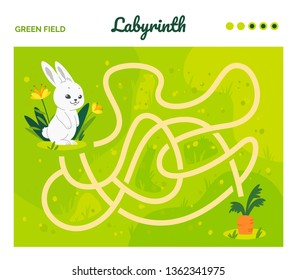Hare finding carrot. Maze game for kids. Labyrinth. Vector illustration in cartoon style.