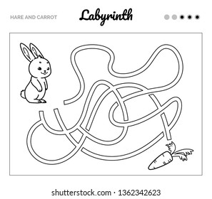 Hare finding carrot. Maze game for kids. Labyrinth. Vector illustration in cartoon style.