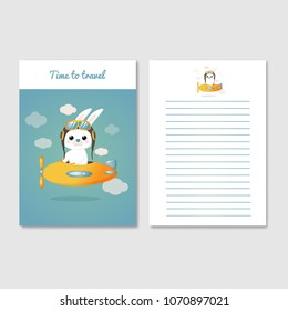 The hare flies by plane among the clouds. Template for the design of a diary, notebook, workbook, postcard, Vector illustration. Cover and page. Drawing in the cartoon style on the theme of travel.