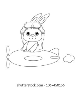The hare flies on an airplane. Vector stock illustration. Coloring for kids. Black and white picture on white background. The hare pilot is traveling.  Children's drawing in cartoon style.