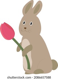 Hare with a flower on a white background. Flat style. Spring postcard.