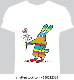 Hare with flower. T-shirt Print Design Together. Vector Illustration