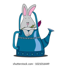 Hare with a flower in a watering can. vector drawing