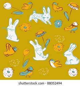 hare, flowers, birds
