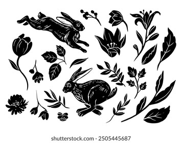 Hare and flowers, vintage monochrome vector drawing, engraving style,