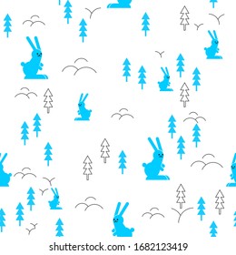 Hare in forest pattern seamless. rabbit and wood background. Baby fabric texture
