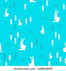 Hare in forest pattern seamless. rabbit and wood background. Baby fabric texture
