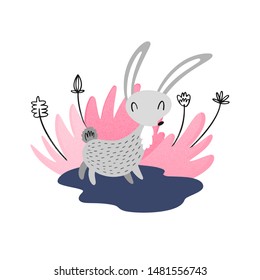 Hare in the forest, plants, vector illustration with dot texture, Scandinavian style. Children's cute rabbit print.
